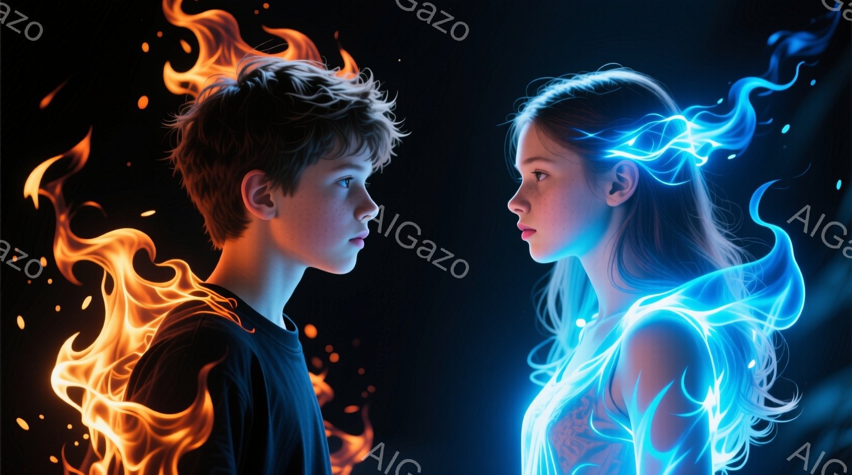 若い男性と女性が互いに向き合い、それぞれ炎と青いエネルギーに包まれています。男性は黒いTシャツを着ており、少し不機嫌そうな表情で、燃え上がる炎が彼の周りを包み込み、髪の毛も燃えているように見えます。女性は明るい色の服を着ており、穏やかな表情で、彼女の周りには青いエネルギーが流れ、髪の毛はまるで水の流れのようです。