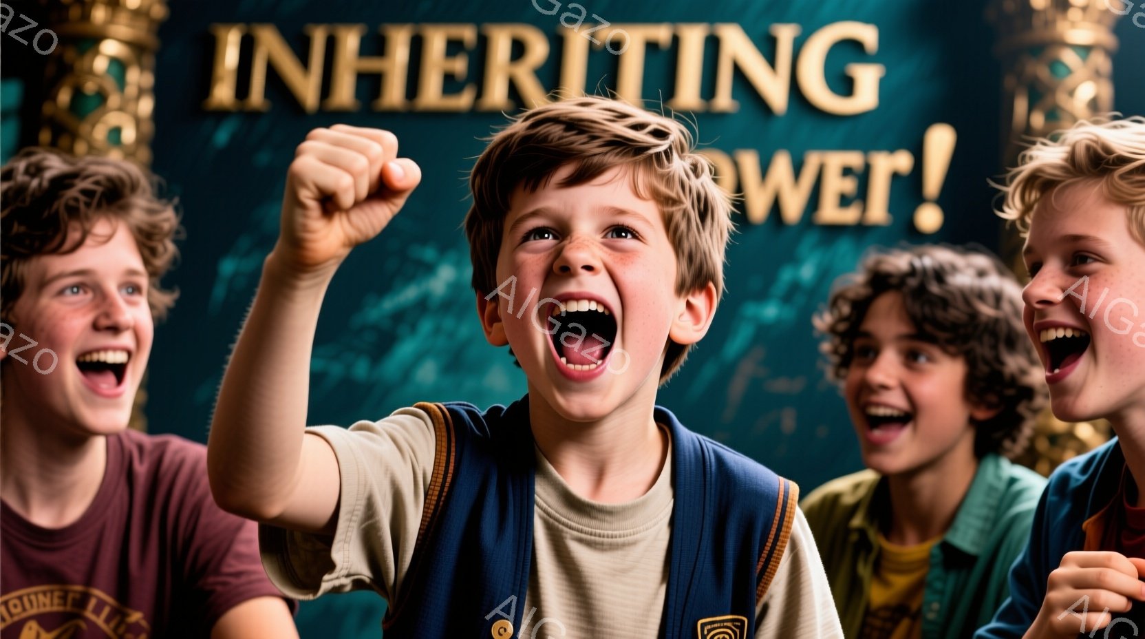 少年が腕を高く上げ、満面の笑みを浮かべて叫んでいる。背景には、他の３人の少年が同様に興奮した表情で写っており、彼らの服装はカジュアルで、Ｔシャツやセーターを着ている。背景は暗く、上部に「INHERITING POWER!」という文字が大きく書かれているため、イベントや試合の勝利を祝う場面のようだ。