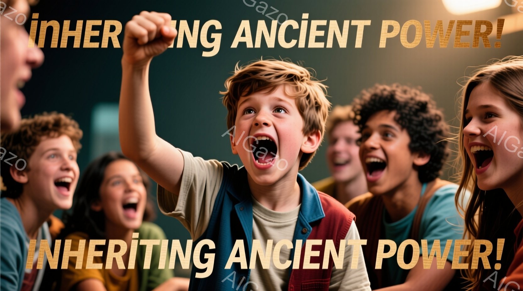 少年を中心に、様々な人種の若者たちが興奮した様子で写っている。少年は、青いシャツと赤いベストを着ており、腕を高く上げて叫んでいる。背景はぼやけており、屋内または薄暗い場所で、熱狂的でエネルギッシュな雰囲気が漂っている。