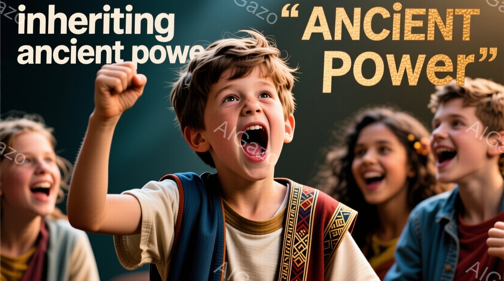 古代ローマ風の衣装をまとった少年少女たちが写っています。少年は腕を高く上げ、力強く叫んでおり、他の少女たちも笑顔で彼を見上げています。背景は暗く、まるで舞台照明のように少年たちに光が当たっており、力強く高揚感のある雰囲気を醸し出しています。