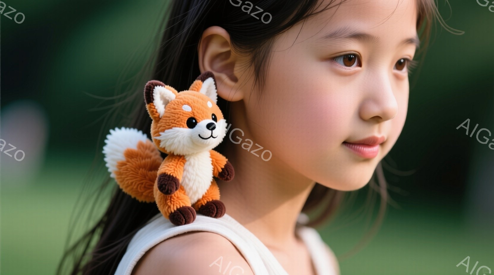 長い黒髪の少女が、肩にオレンジ色の小さなキツネのぬいぐるみを乗せています。少女は白いタンクトップを着ており、少し上目線で遠くを見つめて、穏やかで物憂げな表情をしています。背景は緑豊かな自然で、ぼやけた - AI生成フリー素材