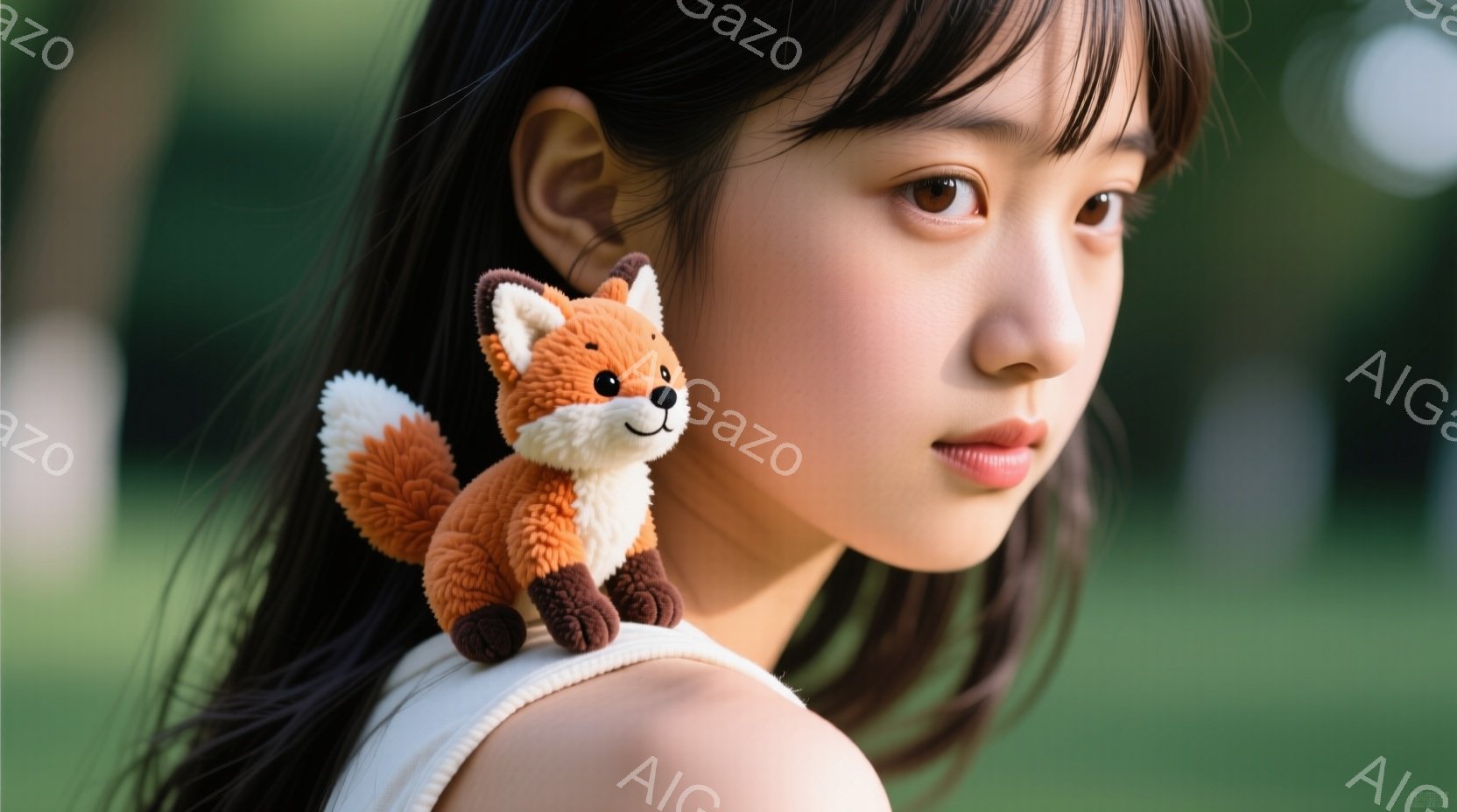 長い黒髪を肩から背中に流した若い女性が、わずかに横を向いてこちらを見ている。白いタンクトップを着ており、肩の上にはオレンジ色のぬいぐるみ（キツネ）がちょこんと座っている。背景は緑豊かな自然で、ぼやけた木々や植物が見え、明るい日差しが柔らかい雰囲気を演出している。