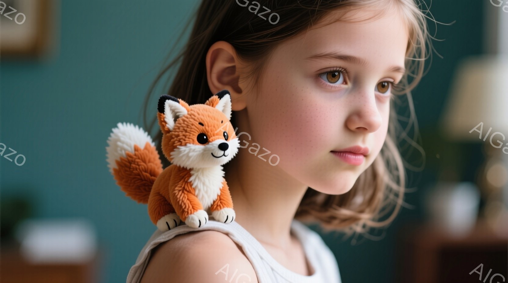少女は肩にオレンジ色の毛並みの小さなキツネのぬいぐるみをつけている。彼女は明るい茶色の髪をしており、少し憂いのある表情で遠くを見つめている。背景は控えめな内装の部屋で、柔らかい光が差し込み、全体的に穏やかで物憂げな雰囲気を醸し出している。