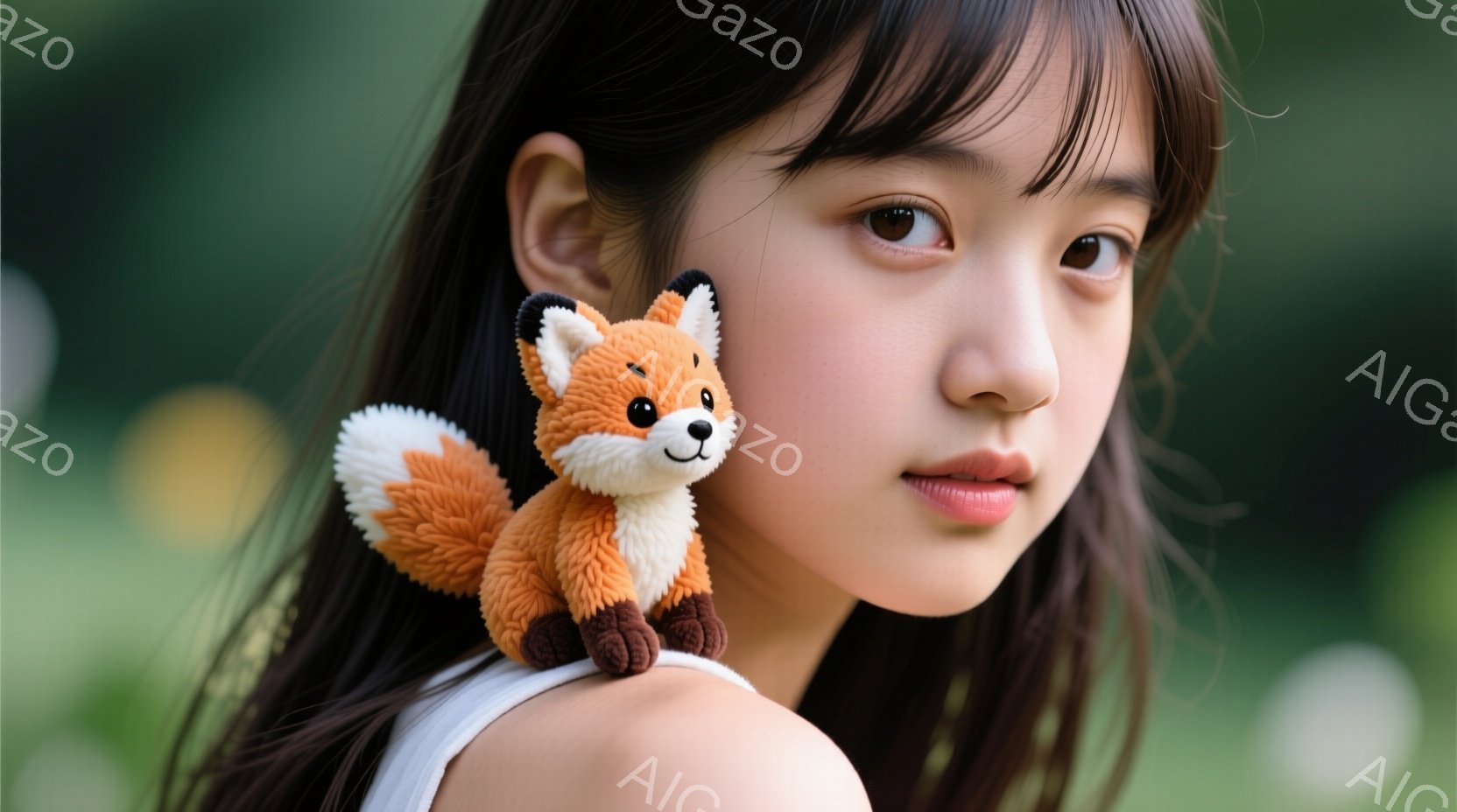 黒髪の少女が、肩にオレンジ色の小さなキツネのぬいぐるみを乗せて正面を見つめています。彼女は白いトップスを着ており、少し微笑んでおり、表情は穏やかです。背景は緑色のぼやけた自然で、柔らかく暖かい雰囲気です。