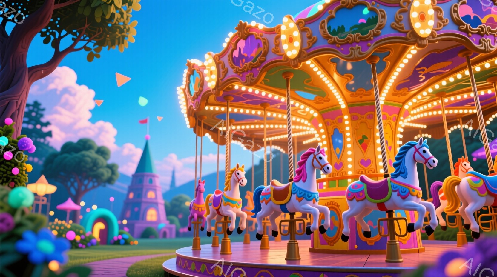 色鮮やかなメリーゴーランドが中央に描かれており、白、ピンク、水色の馬が楽しげに回転している。背景には、塔や可愛らしい小屋が見え、緑豊かな木々や花々が咲き乱れている。空はピンクと紫のグラデーションで、まるで夢のような幻想的な雰囲気を醸し出している。