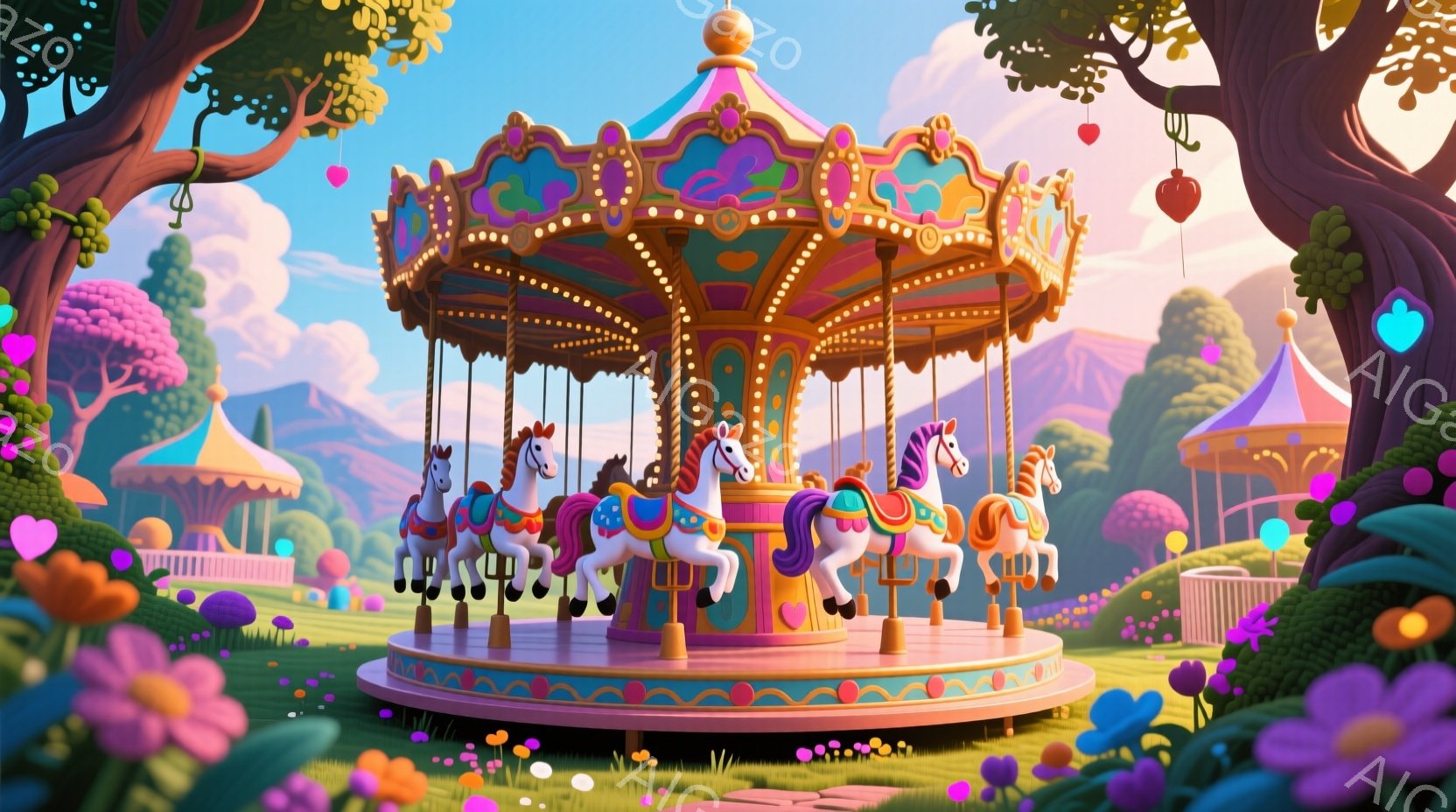 カラフルな回転木馬が緑豊かな庭園の中心にあります。回転木馬には白い馬が乗り、それぞれが華やかな装飾が施されています。背景には、ピンク色と紫色のドーム型の建物や、ハート型のオーナメントが付いた木々が見え、夢のような雰囲気を作り出しています。