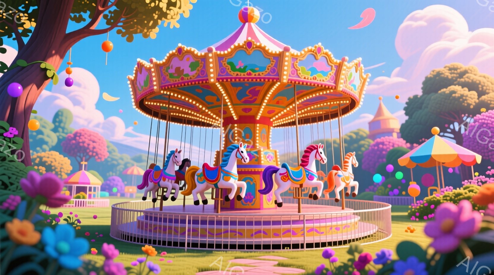 カラフルなメリーゴーランドが、緑豊かな公園の中にあります。白、ピンク、茶色の馬が乗り物として取り付けられており、上部は鮮やかな装飾が施されたドーム型になっています。背景には、パステルカラーの建物や緑の木々が見え、全体的に夢のような、おとぎ話のような雰囲気が漂っています。