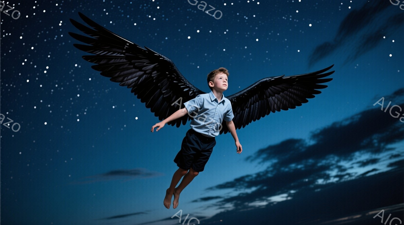 明るい茶髪の少年が、広げた漆黒の翼を持って夜空を飛んでいる。青いシャツと紺色の短パンというカジュアルな服装で、表情はどこか希望に満ちている。背景は暗い青色の空と雲で覆われ、星が散りばめられており、幻想的で神秘的な雰囲気を醸し出している。
