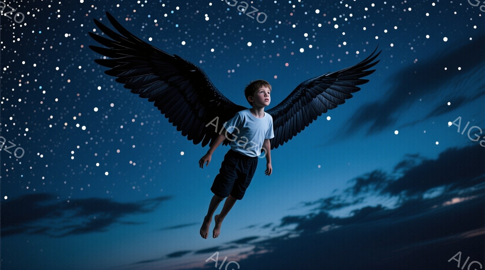 少年は、空中で足を投げ出し、翼を広げて飛んでいるように見える。彼はTシャツと短パン姿で、少し驚いたような表情をしている。背景は夜空で、無数の星と雲が広がり、幻想的で神秘的な雰囲気を醸し出している。