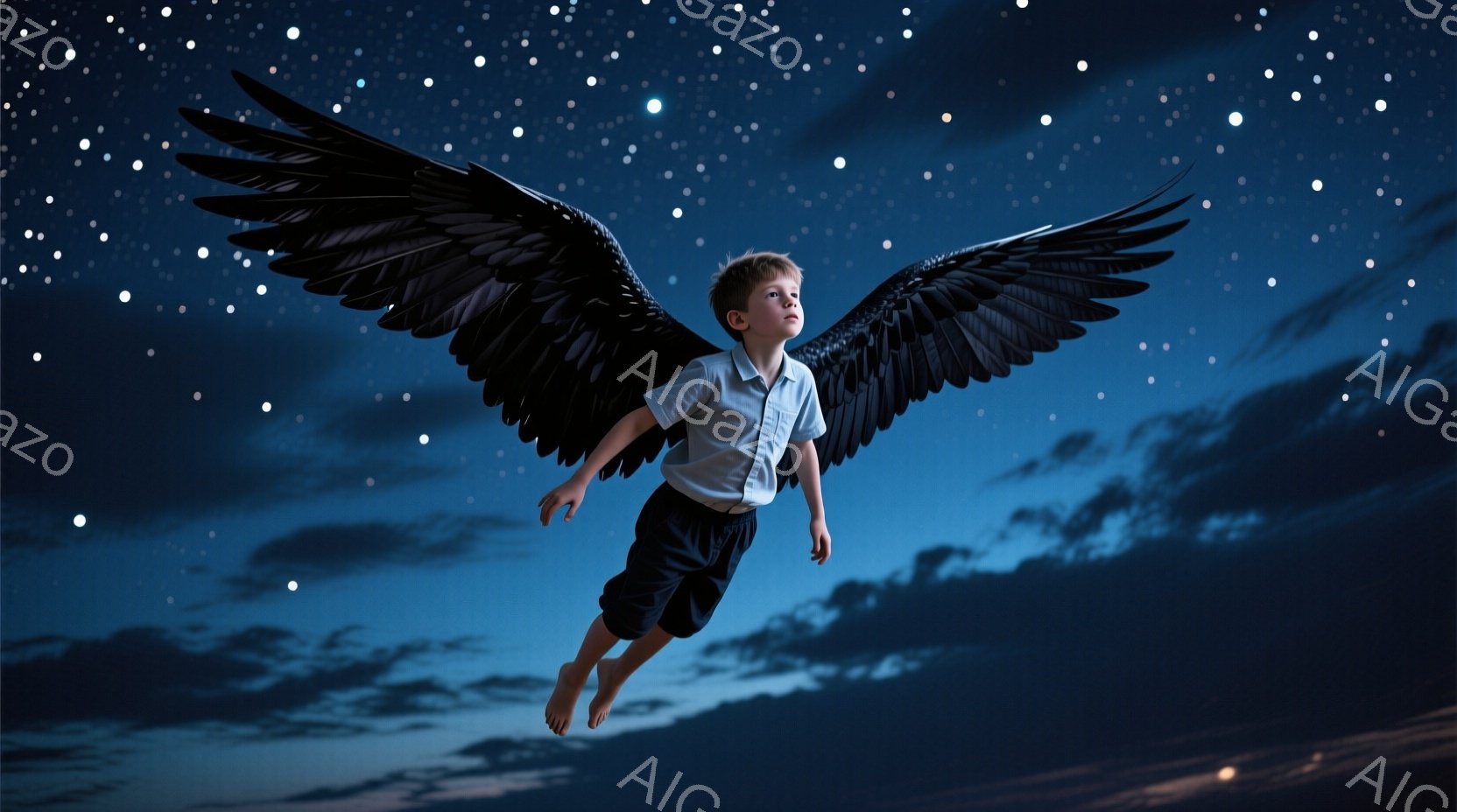 夜空を背景に、少年が翼を広げて空中に浮かんでいる。彼は紺色の短パンと白いシャツを着ており、裸足である。背景は暗い青色の空と雲で、小さな星が散りばめられており、神秘的で幻想的な雰囲気を醸し出している。