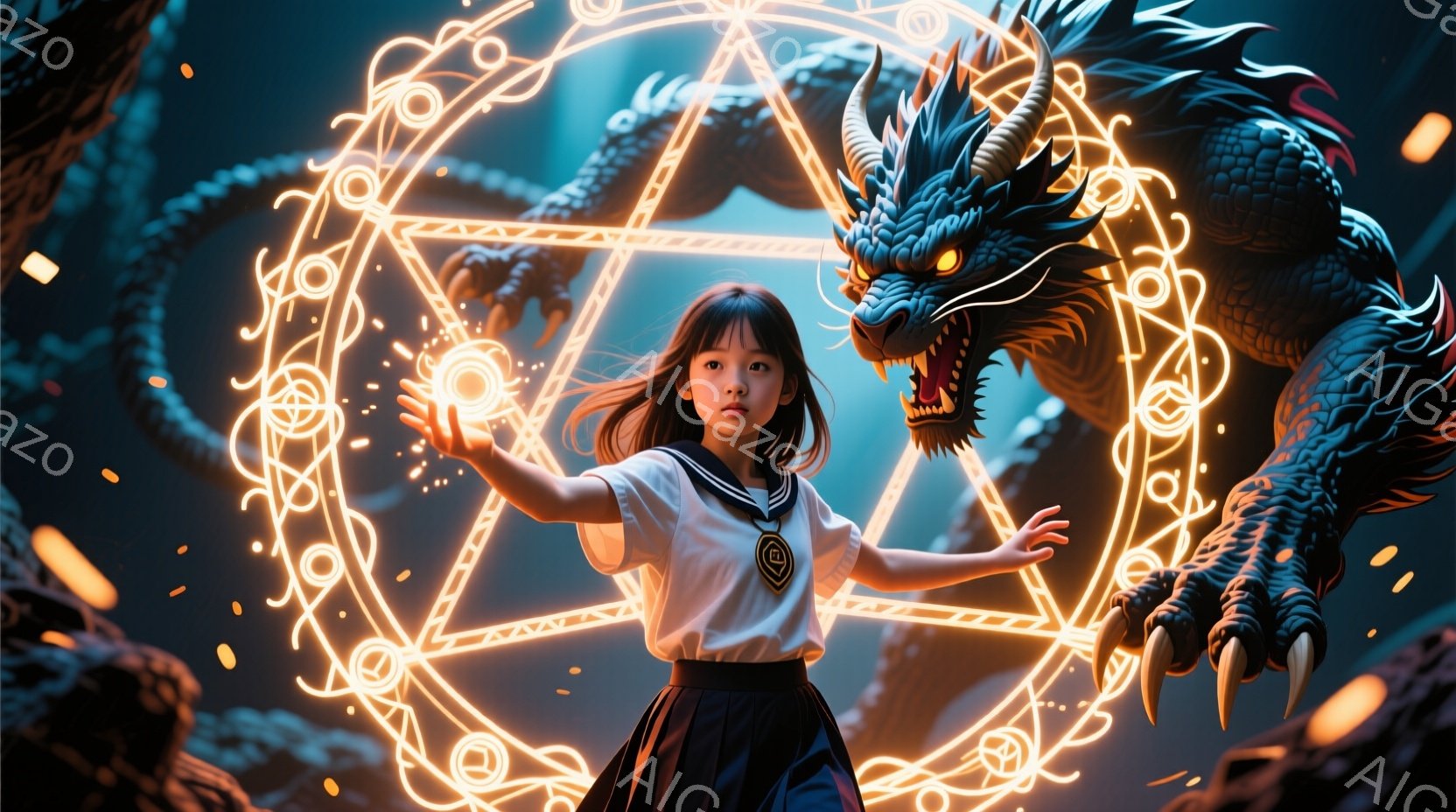 少女はセーラー服姿で、片手を前に突き出し、光の輪を操っているように見える。彼女の表情は真剣で、光の輪の中に巨大な黒い竜が浮かび上がり、鋭い爪を伸ばしている。背景は暗く、光の輪と竜が際立っており、魔法的な雰囲気を醸し出している。