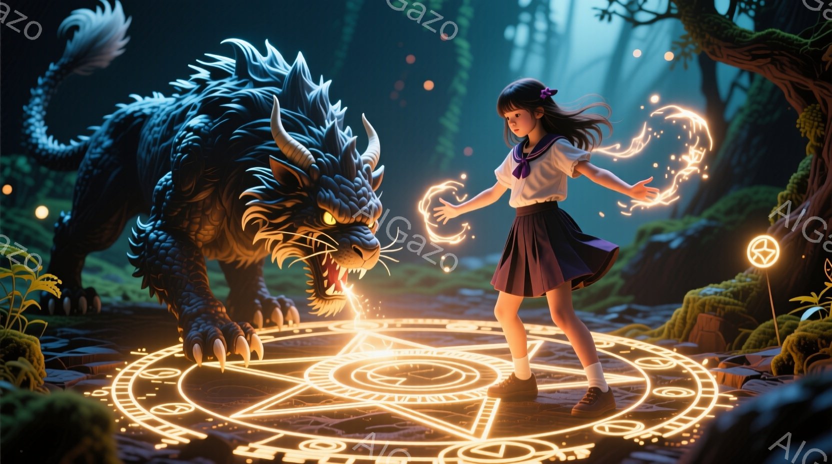 暗い森の中で、少女が魔法陣の中心に立っている。彼女はセーラー服を着て、リボンで髪を結び、両手を広げて魔法のような光を放っている。巨大な黒い獣が彼女を睨みつけ、周囲の緑豊かな自然と魔法陣の光が幻想的な雰囲気を醸し出している。