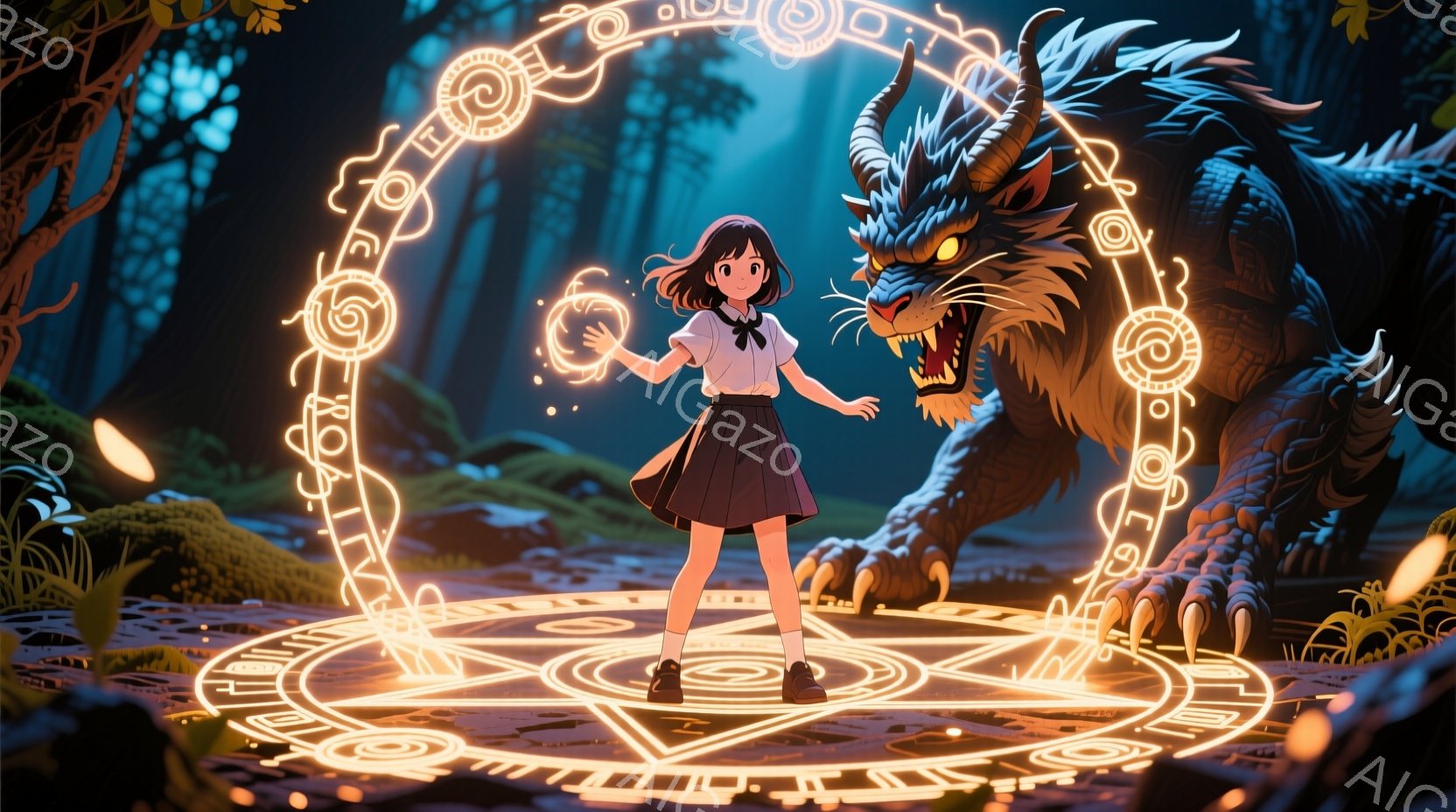 茶色の髪をショートボブにした少女が、光る魔法陣の中心に立っており、片手を上げて何かを召喚しているような仕草をしている。背景には緑豊かな森が広がり、魔法陣から現れたと思われる巨大な虎のような魔物が、少女を睨みつけている。全体的に幻想的で少し緊張感のある、神秘的な雰囲気が漂っている。