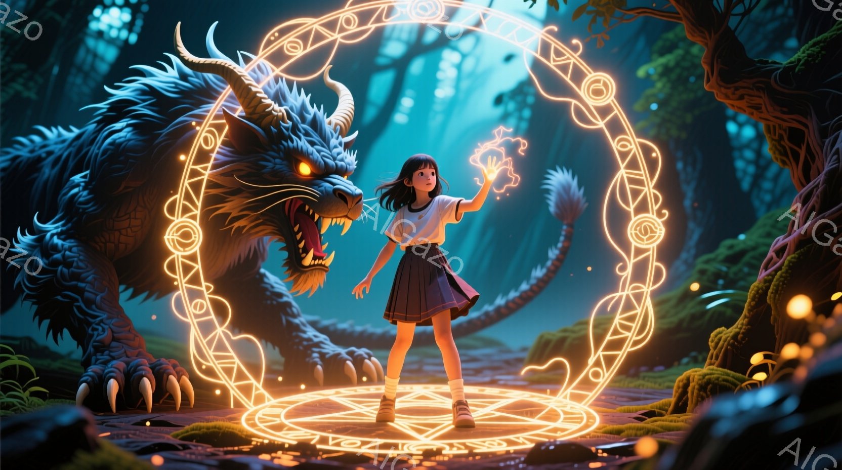 少女は短い黒髪で、白いシャツに紺色のプリーツスカート、白いソックスと茶色の靴を履いています。彼女は両手を前に伸ばし、片手に青い光の球体を浮かせています。背景は深い森で、苔むした木々が生い茂り、少女の周囲には光る魔法陣が描かれ、巨大な青い狼のような獣が彼女を見つめています。
