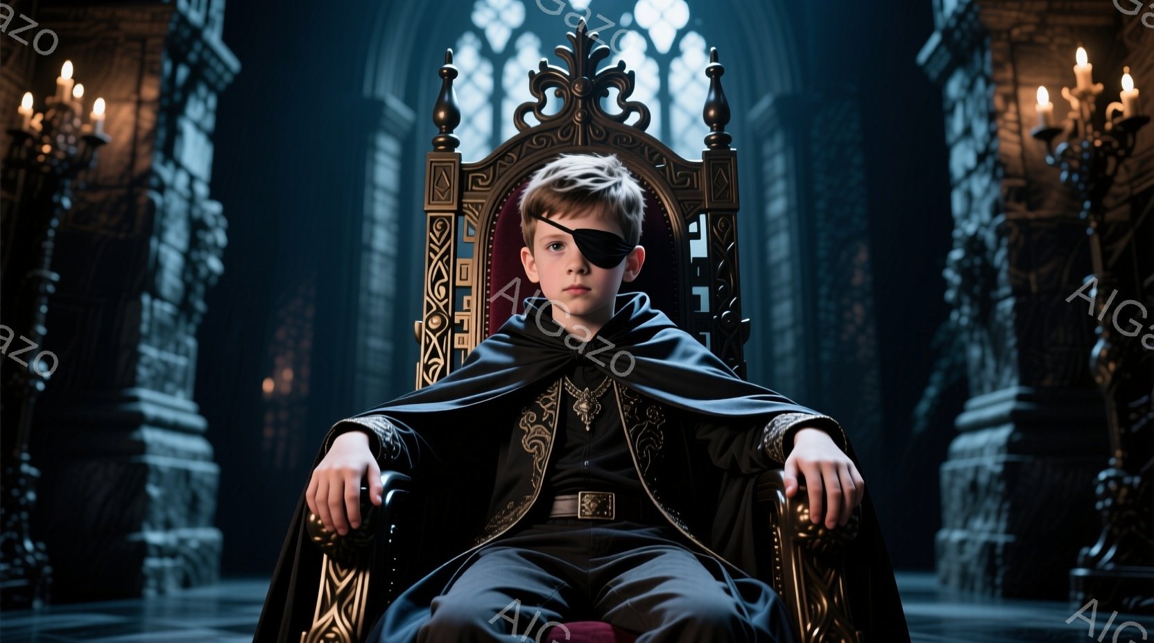 少年は豪華な椅子に座り、片目に眼帯をつけています。黒い衣装は金色の装飾が施され、ケープを羽織り、厳粛な表情を浮かべています。背景には石造りの柱が立ち並び、薄暗い光の中で中世の城のような雰囲気を醸し出しています。