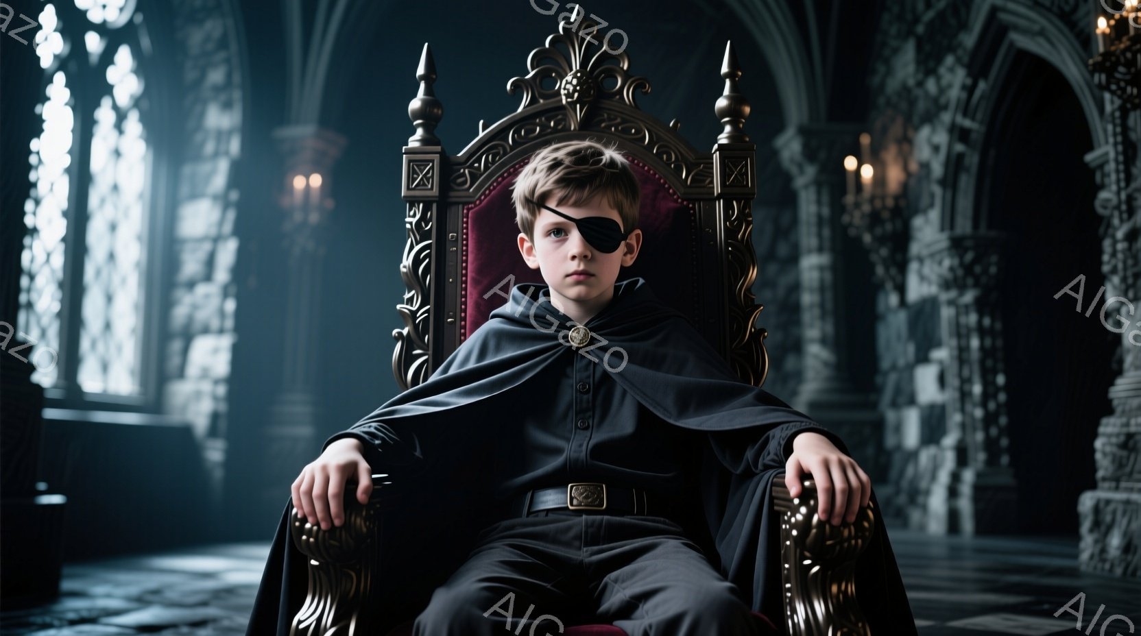 茶髪の少年が豪華な金の椅子に座っており、片目に眼帯をつけています。黒いマントとシャツ、ベルトを着用し、少し不機嫌そうな表情で正面を見つめています。背景は高くそびえる石造りのアーチやステンドグラス窓のある、薄暗く荘厳な雰囲気の室内です。