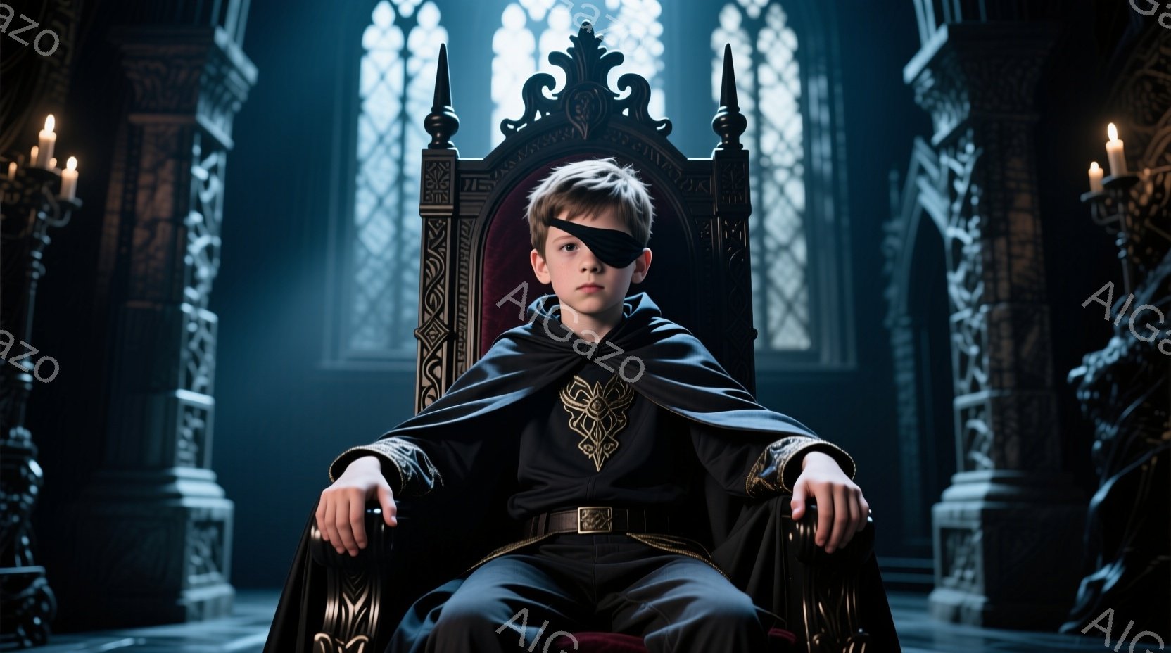 少年は、豪華な装飾が施された椅子にどっしりと腰掛けている。黒い外套と、金色の刺繍が施された服を着ており、片方の目を覆う眼帯が特徴的だ。背景には、重厚な石造りの建築とロウソクの光があり、全体的に厳かで神秘的な雰囲気を醸し出している。