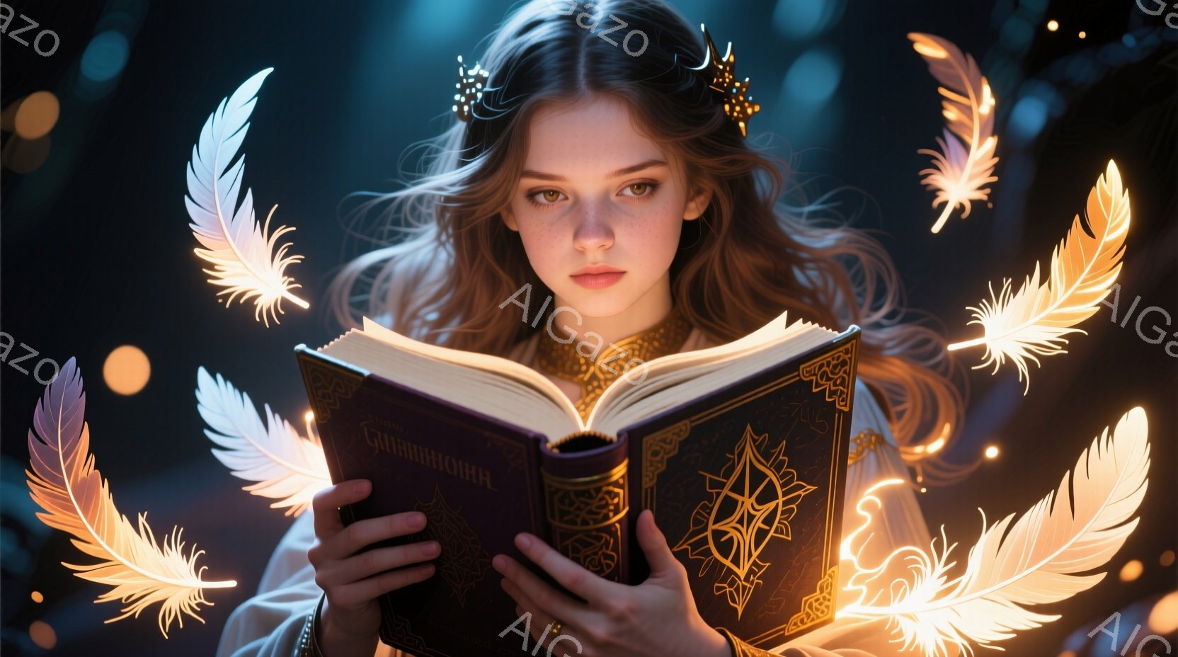 長い巻き毛の女性が、装飾的な表紙の大きな本を両手で開いて読んでいる。彼女は薄いクリーム色のドレスを着ており、髪には花飾りをつけている。背景には光る羽根のようなものが散りばめられ、神秘的で夢幻的な雰囲気 - AI生成フリー素材