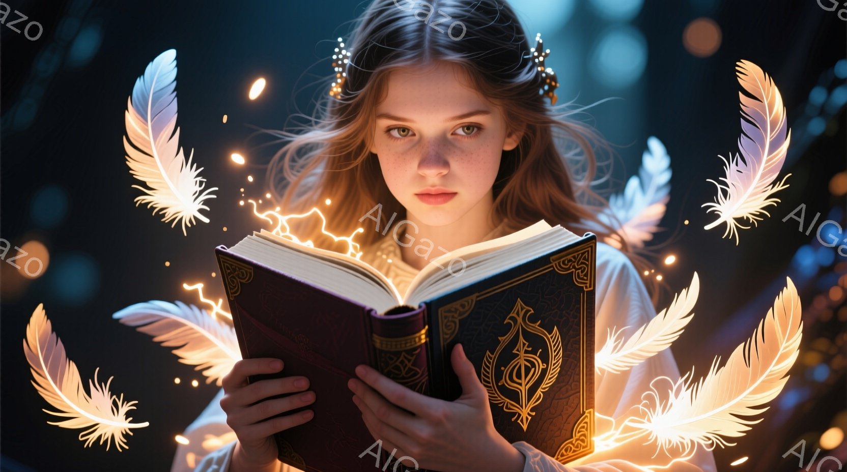 赤毛でそばかすのある若い女性が、装飾的な表紙の開いた本を両手で抱えています。彼女は白いブラウスを着ており、髪はゆるく波打ち、髪飾りをつけています。背景にはぼやけた光と、光り輝く羽のような模様があり、神秘的でファンタジックな雰囲気を醸し出しています。
