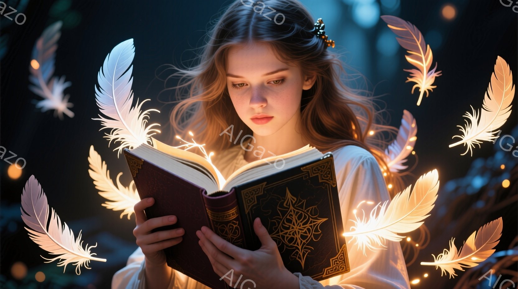 長い赤毛を緩やかに巻いた若い女性が、装飾が施された暗い表紙の大きな本を読んでいる。彼女は白いブラウスとレースの襟をつけ、真剣な眼差しで本に集中しており、顔には淡いそばかすがある。背景にはぼんやりとした自然の風景が広がり、光る羽のようなものが彼女を取り囲むように浮かび、神秘的で夢幻的な雰囲気を醸し出している。