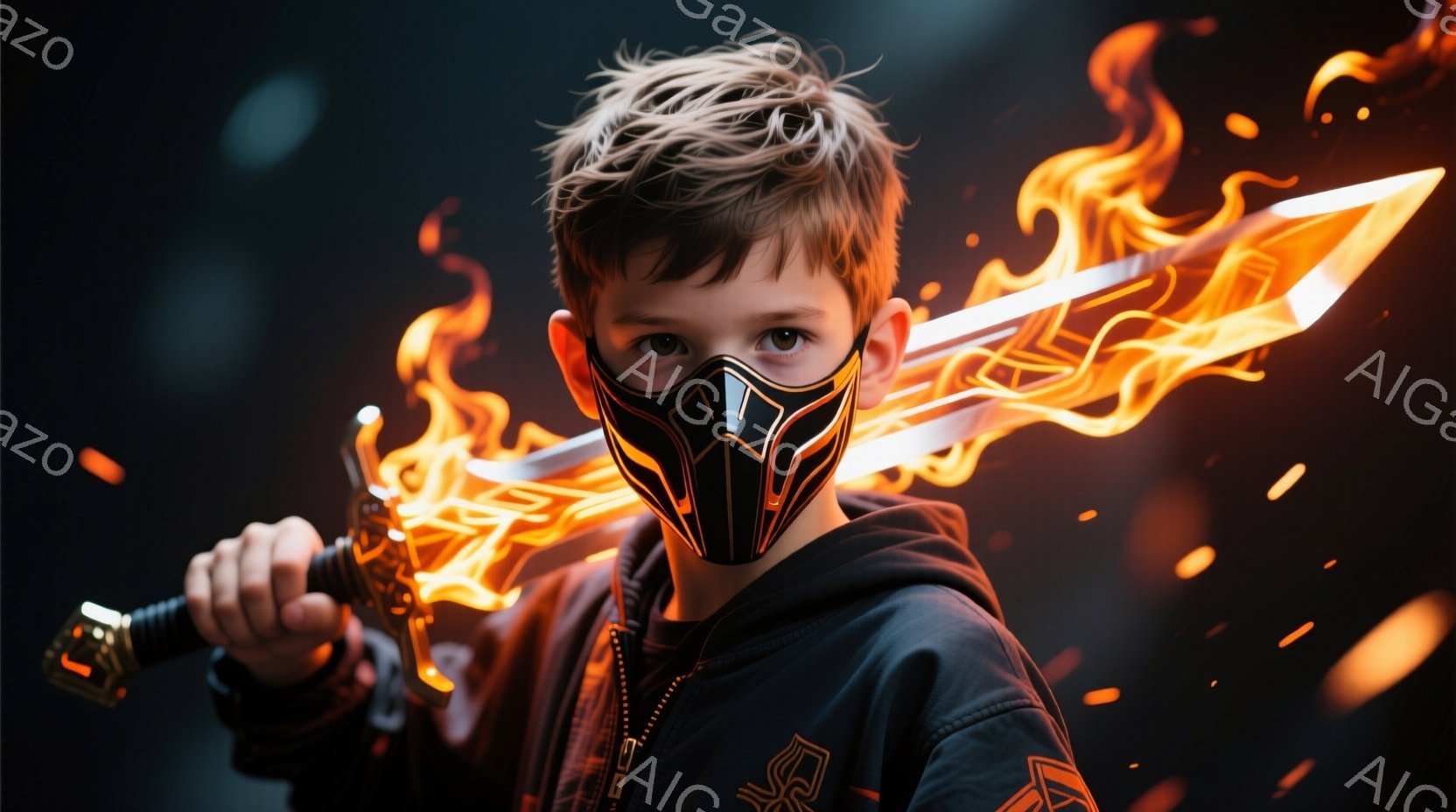 茶髪の少年が、黒いマスクと黒いパーカーを着て、燃え盛る剣を構えています。少年は鋭い眼差しで正面を見つめ、決意に満ちた表情をしています。背景は暗く、燃え盛る炎と輝く粒子が散りばめられており、力強く神秘的な雰囲気を醸し出しています。