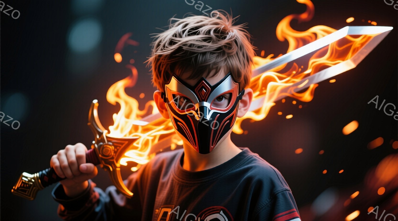少年は、複雑な模様の黒いマスクを着用し、燃え盛る炎をまとった剣を力強く握っています。彼は紺色の長袖シャツと赤いストライプの襟を持っており、髪は無造作に跳ねています。背景は暗く、炎の粒子が舞い、全体的に - AI生成フリー素材