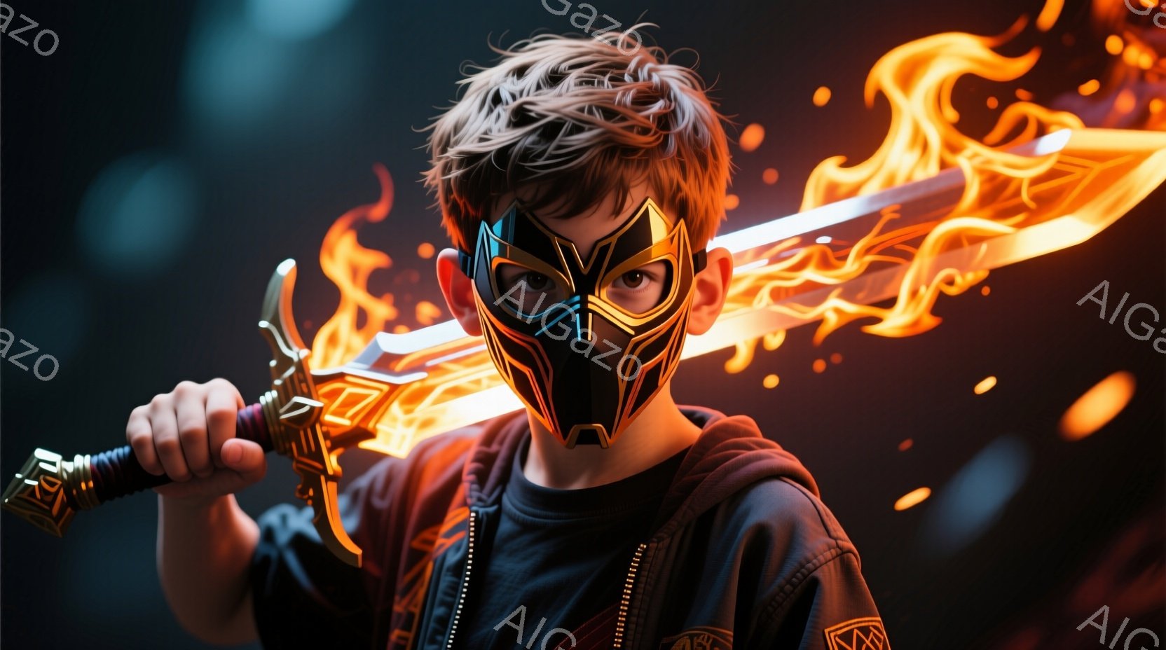 少年は、黒いパーカーを着て、オレンジと黒のマスクを着用し、燃え盛る剣を構えています。彼の髪は少し乱れており、鋭い眼差しは力強い決意を表しています。背景は暗く、光の粒子が散りばめられており、まるで戦闘の最中であるかのような、ドラマチックでエネルギッシュな雰囲気です。
