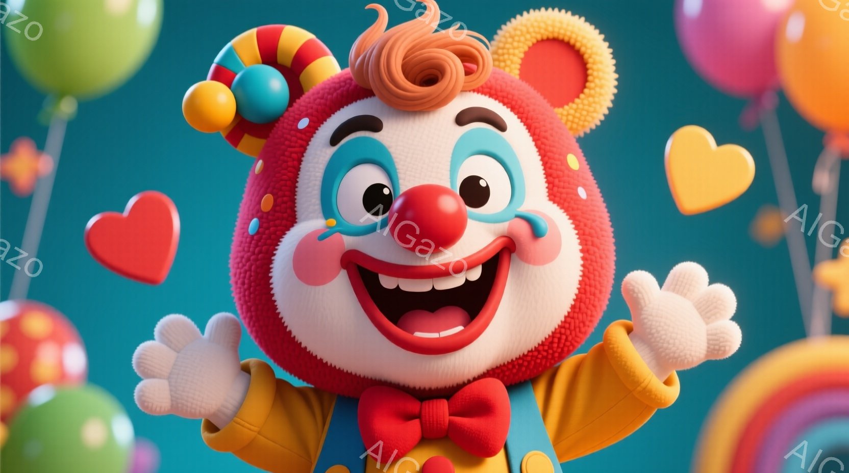 人物はロングヘア、リップスティック、笑顔を見せるカーニバルのキャラクター。ハート形のバルロンに入り、歓声を上げています。背景は豪華な色彩で、多くのバルロンとハートが特徴的なデザイン。キャラクターの雰囲気は楽しく、暖かく、カーニバルを祝うような雰囲気です。