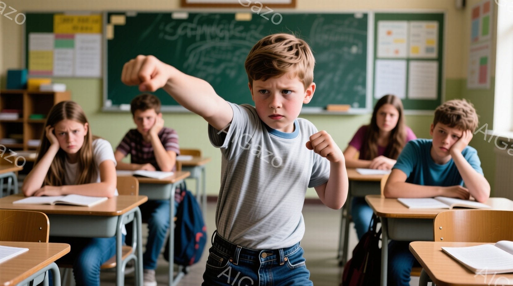 教室の中で、一人の少年が両手を握りしめ、構えを取っています。彼は短い茶色の髪を持ち、強い決意を込めた表情をしています。周囲には退屈そうな顔をした他の生徒たちが座っており、黒板には文字が書かれ、教室の雰囲気はやや緊張感があります。