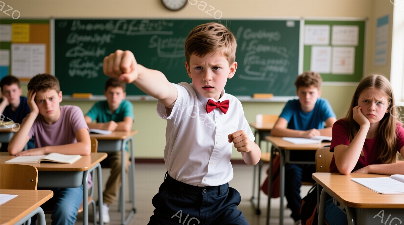教室の前に座っている少年が、拳を高く上げて何かを訴えるようにしています。彼は白いシャツに紺色のズボン、赤い蝶ネクタイを着ており、眉間にしわを寄せ、強い表情をしています。周りの他の生徒たちは、退屈そう、 - AI生成フリー素材