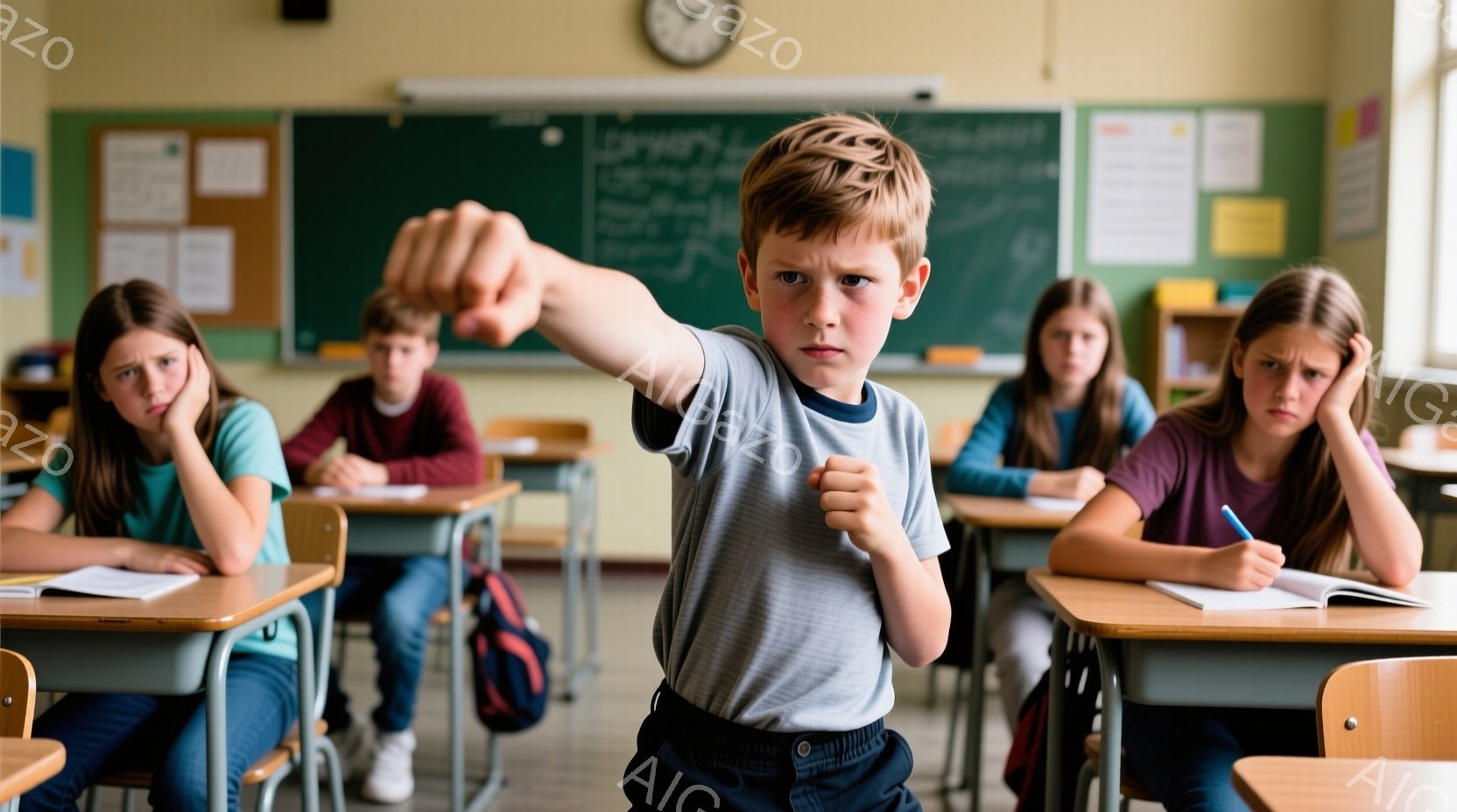 教室で、少年が腕を突き出して拳を握り、少し怒った表情をしています。他の生徒たちは机に座って、退屈そうまたは不機嫌そうな表情を浮かべており、背景には黒板と教室の備品が見えます。教室全体は明るく、少し落ち着かない、緊迫した雰囲気が漂っています。