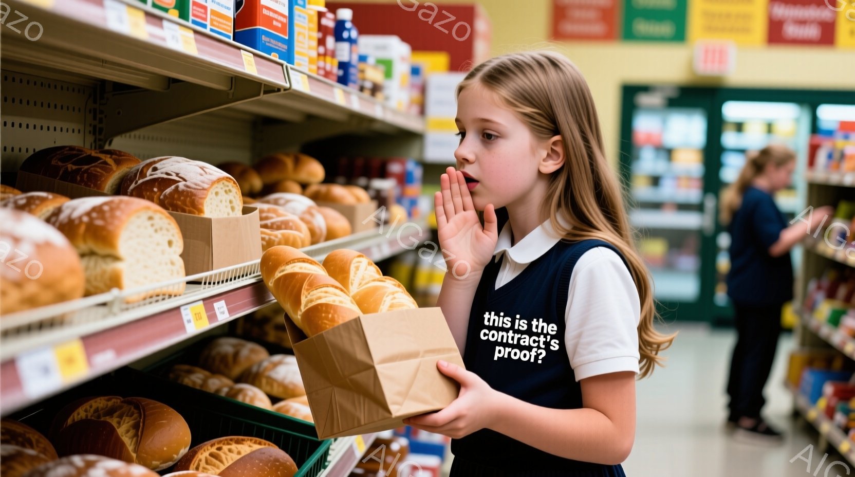 茶髪の少女がスーパーマーケットのパン棚の前で、紙袋を片手に驚いた表情をしています。紺色のセーターに白いシャツを着ており、髪は肩にかかる長さでストレートです。背景には様々な種類のパンが並び、他の買い物客もぼんやりと見えます。