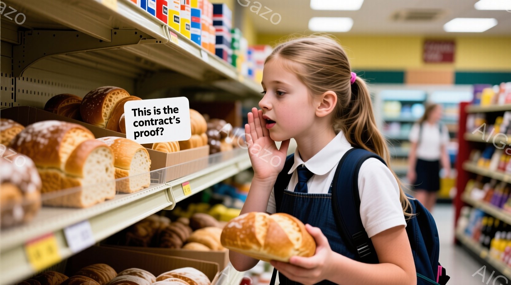 若い女の子がスーパーマーケットのパン棚の前で、片手にパンを持ち、何かをささやいているように口元を近づけています。彼女は白いシャツに濃い青色のベスト、そしてスカートを着用し、髪はポニーテールに結ばれています。背景には、さまざまな種類のパンやその他の食料品が並んだ棚が並び、明るく清潔なスーパーマーケットの雰囲気が伝わってきます。