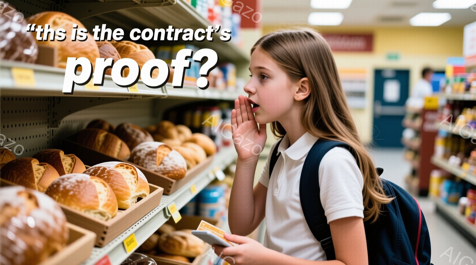 若い女の子がパン棚の前で何かを囁いているように見える。彼女は白い襟付きのシャツと濃い色のバックパックを着ており、長い茶色の髪は肩にかかっている。背景には食料品店の棚が並び、様々な種類のパンが並んでいる様子が伺える。