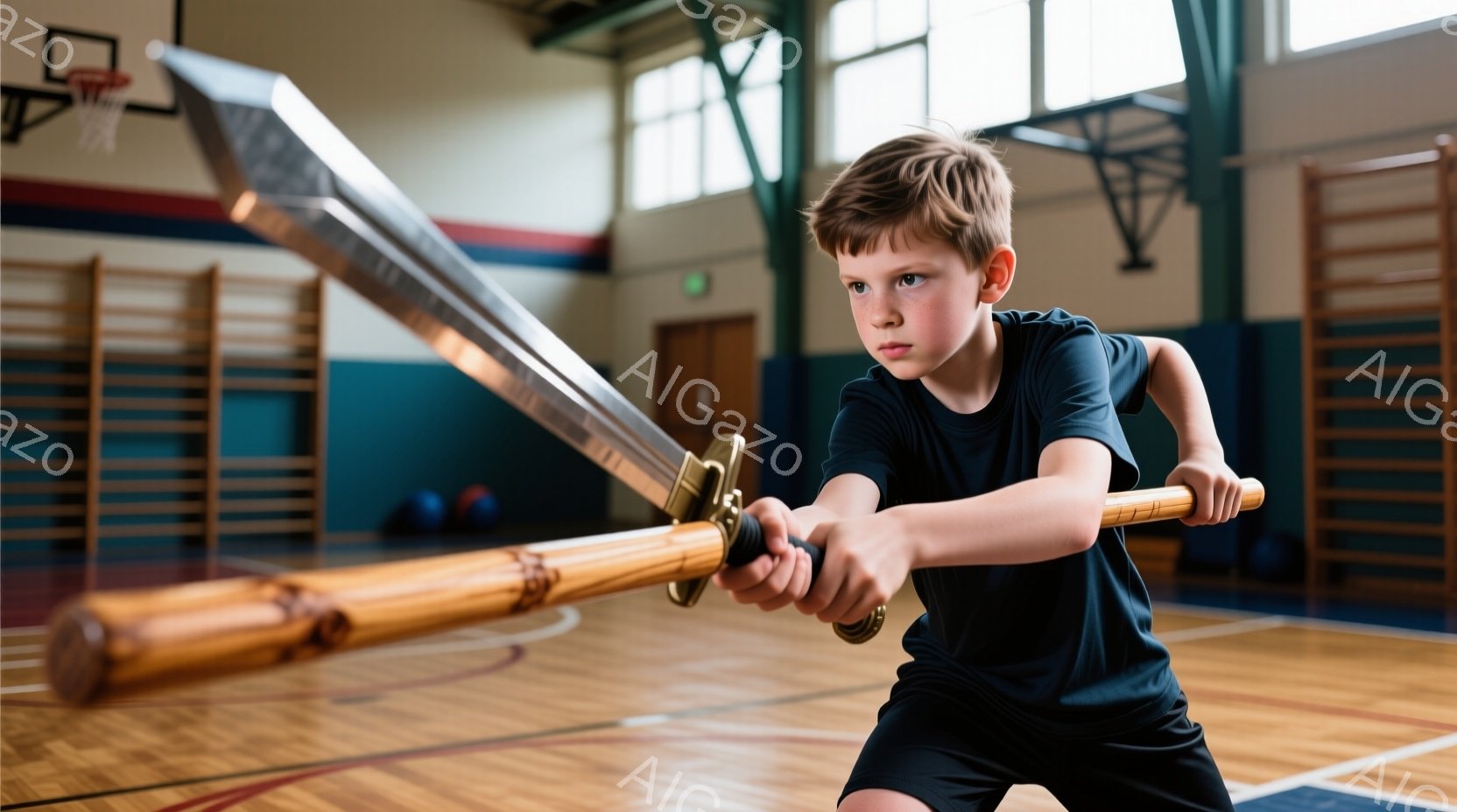 金髪の少年が体育館で大きな木製の剣を両手で構えている。彼は黒いTシャツと短パン姿で、真剣な表情で剣を見つめている。背景には、バスケットボールゴールや体操用具が見え、体育館の床は木製で明るい雰囲気である。