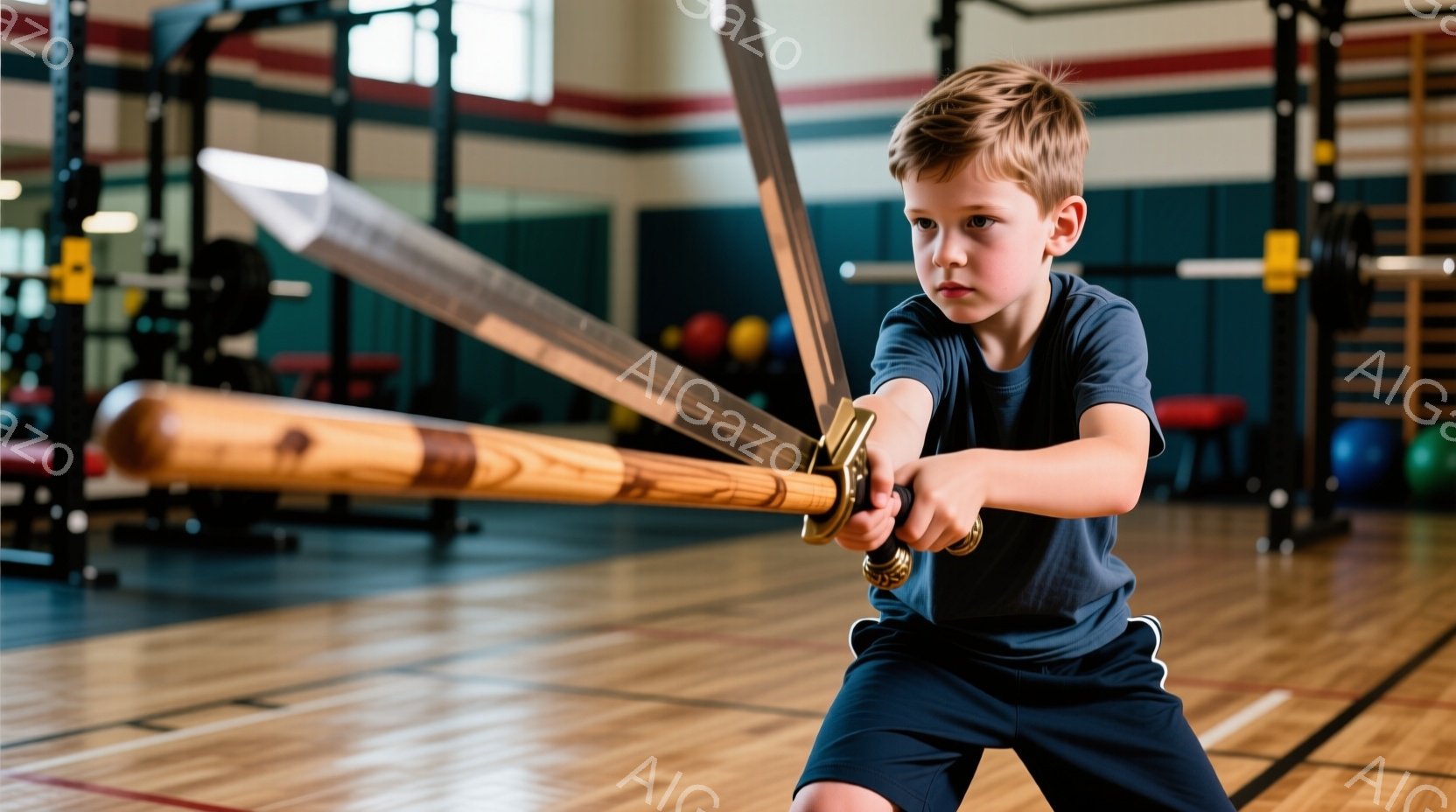 少年は膝を曲げ、両手で大きな木製の剣を構えた、真剣な表情をしている。彼は濃い青色のTシャツと黒のショーツを着用しており、金色の鍔（つば）が特徴的な剣を持っている。背景は体育館のような室内で、様々なスポーツ器具やボールが置かれているが、少年は剣に集中している。