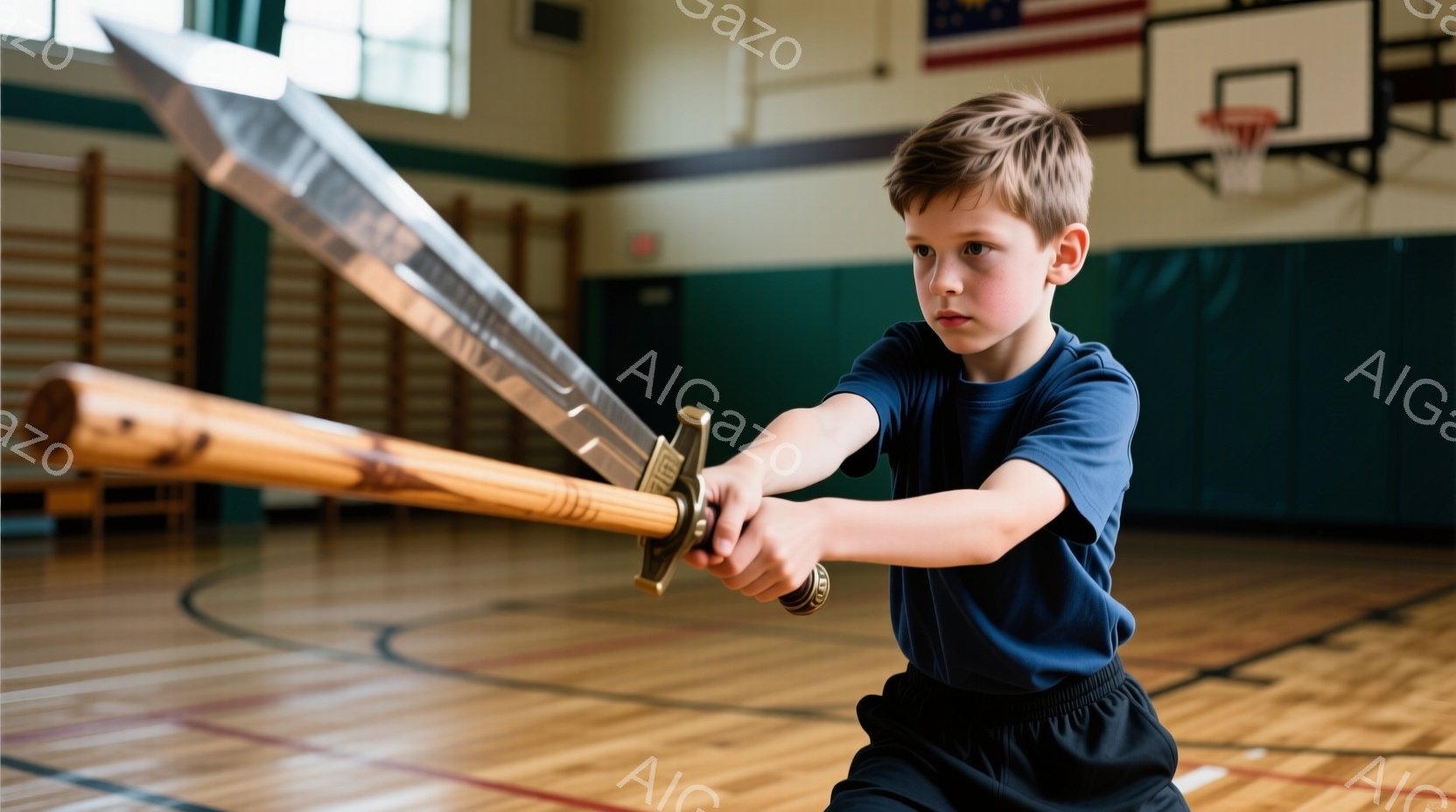 少年は体育館で大きな模造刀を両手で構えている。濃い青色のTシャツと黒いズボンを着用し、短く整えられた髪型で、真剣な表情をしている。背景にはバスケットボールのゴールと壁があり、体育館の床は木製で光沢がある。