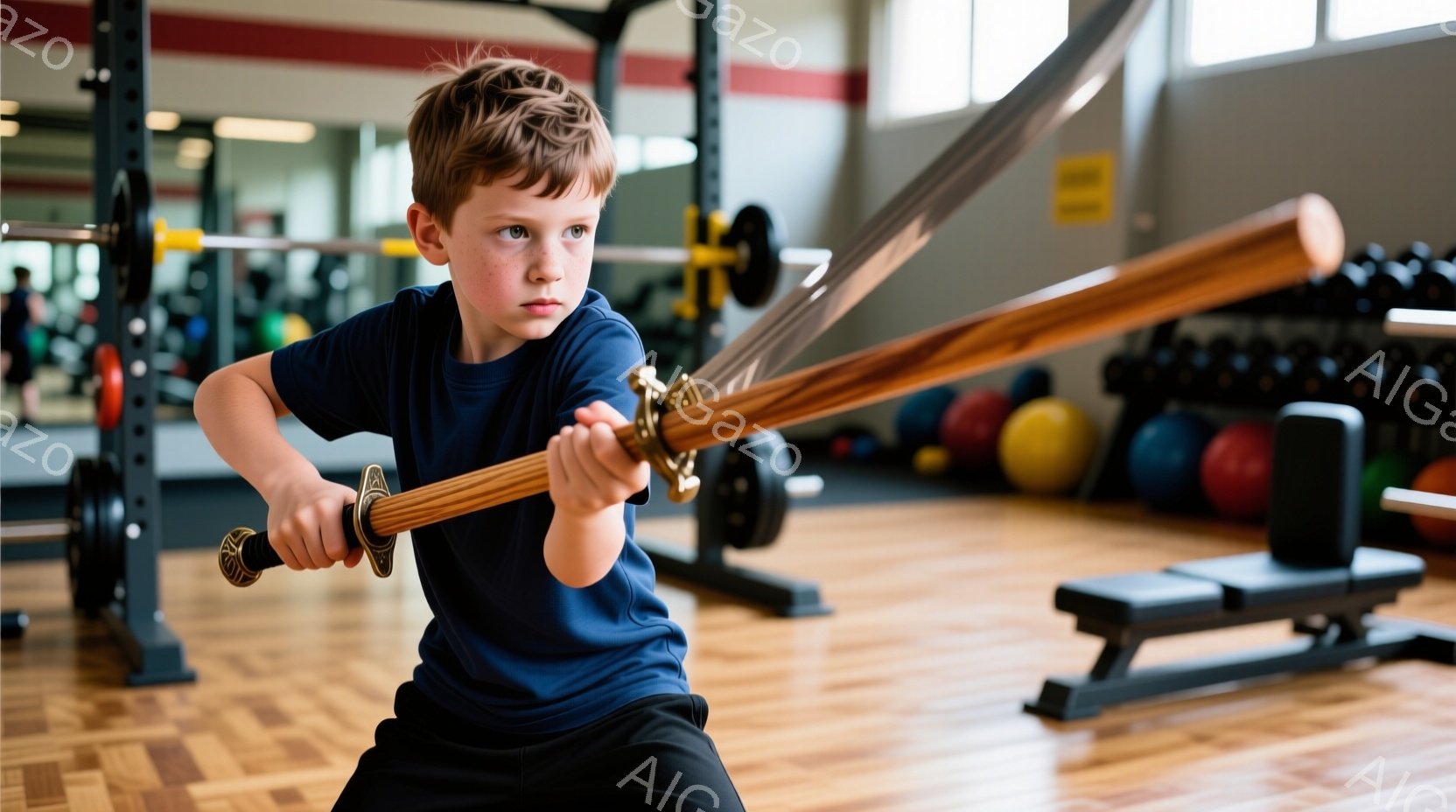 青いTシャツと黒いショーツを着た少年が、木製の刀を両手で構えている。彼の表情は真剣で、集中している様子が伺える。背景はジムの室内で、様々なトレーニング器具やカラフルなボールが置かれている。