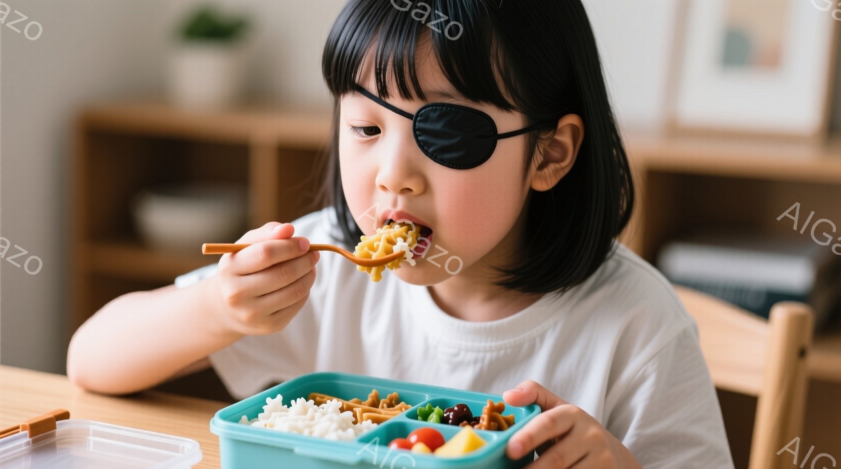 黒髪のボブカットの少女が、お弁当箱からフォークでパスタを食べている。白いTシャツを着ており、目は眼帯で覆われている。背景には木製のテーブルと家具が見え、明るく穏やかな家庭的な雰囲気である。 - AI生成フリー素材