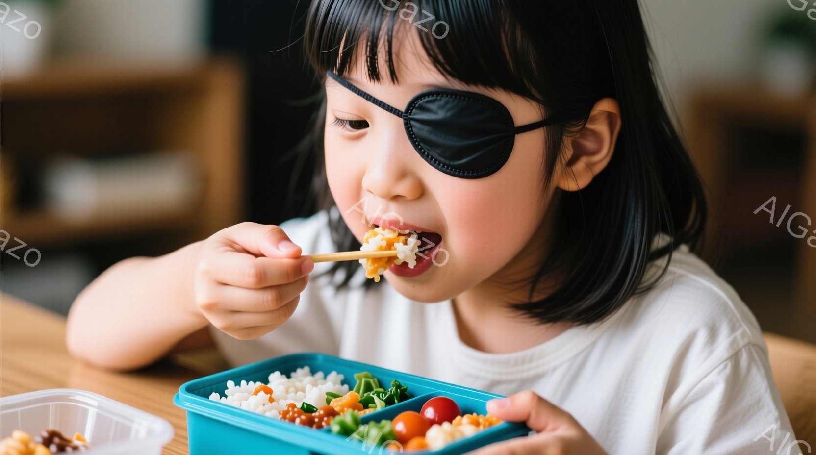 黒髪の短い髪で、白いTシャツを着た幼い女の子が、青い弁当箱から箸でご飯をつまんで口に運んでいます。頬は少し赤く、真剣な表情で食事を楽しんでいる様子が伺えます。背景には木製のテーブルとぼやけた家具が見え、室内でリラックスした雰囲気の食事の瞬間が捉えられています。