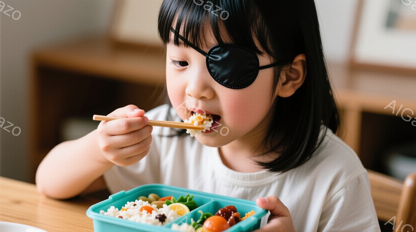黒髪の女の子が、お弁当箱から箸でご飯を口に運んでいます。白いシャツを着ており、目は眼帯で覆われています。背景には木製のテーブルと椅子が見え、室内で食事をしている穏やかな雰囲気です。