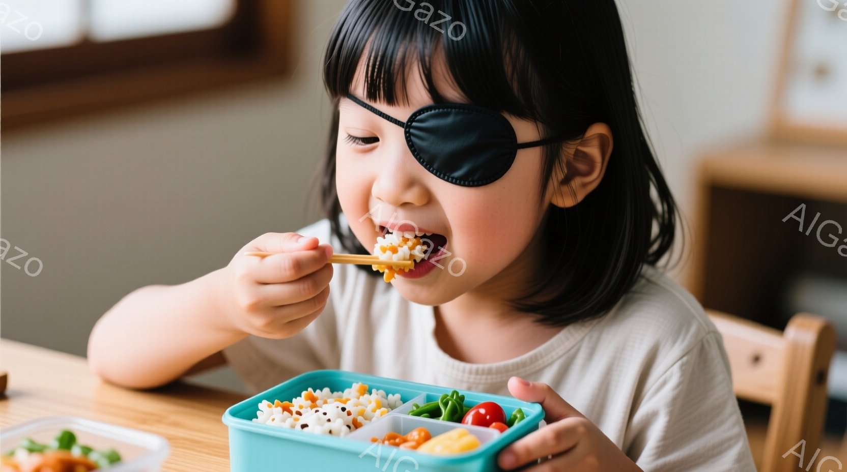 茶髪の女の子が、クリーム色のトップスを着て、お弁当箱から箸でご飯をつまんで食べているところです。彼女は微笑んでおり、お弁当箱の中には、緑色の野菜、赤いトマト、そして可愛らしいおにぎりが並んでいます。木 - AI生成フリー素材