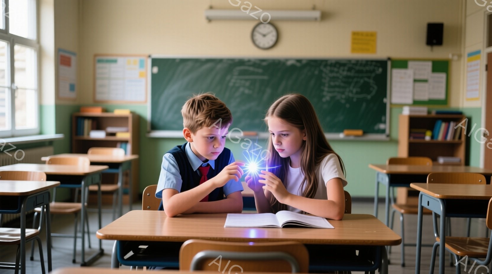 教室で、少年と少女が机に向かい、光る物体に集中して見つめている。少年は青いセーターに襟付きのシャツを着ており、短い茶色の髪をしている。少女は髪を後ろで束ねており、集中した表情で本を開いて光る物体を見つ - AI生成フリー素材
