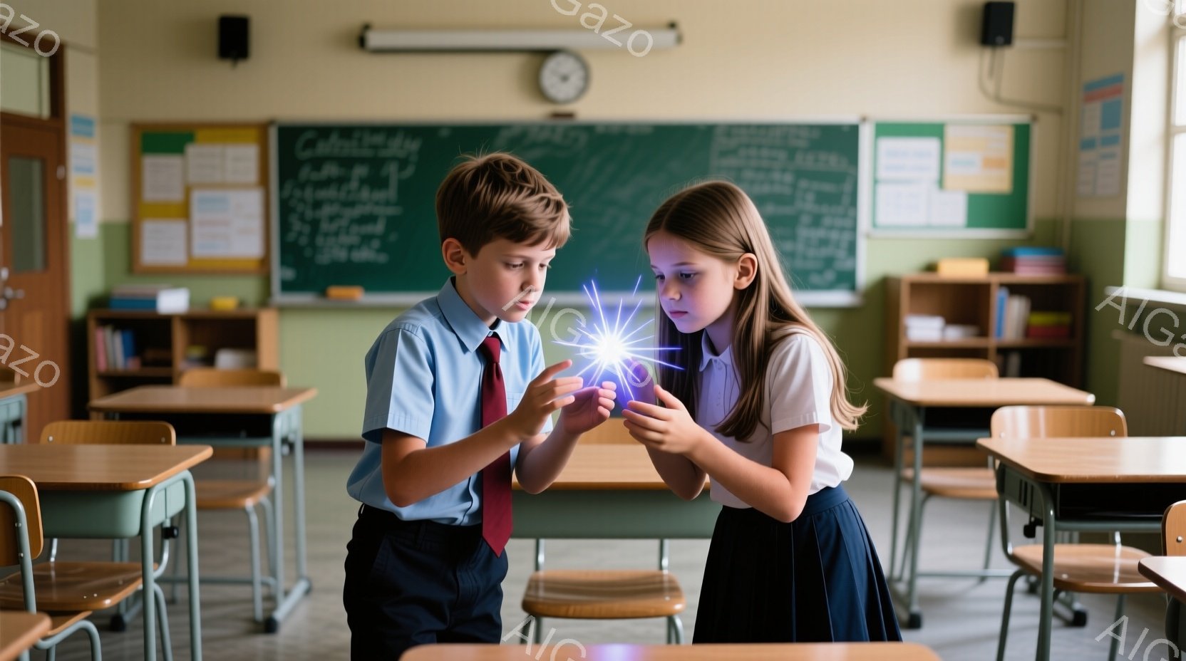 少年と少女が教室で光る青いおもちゃを手に持っています。少年は赤いネクタイと紺色のズボンを着用し、少女は白いシャツと紺色のスカートを着ています。教室には木製の机と椅子が並び、背景には黒板が見え、全体的に - AI生成フリー素材