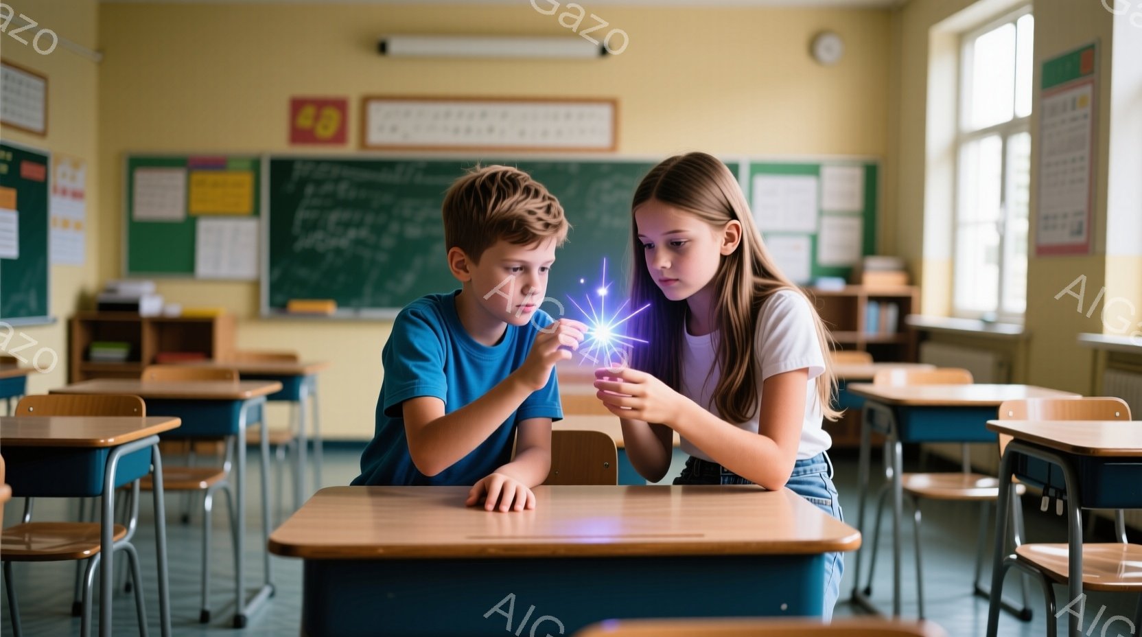 教室の中で、少年と少女が机に向かい合って何か小さな光る物体を覗き込んでいます。少年は青いTシャツを着ており、少女は白いTシャツとジーンズ姿で、真剣な表情で光る物体に集中しています。教室には木製の机と椅 - AI生成フリー素材