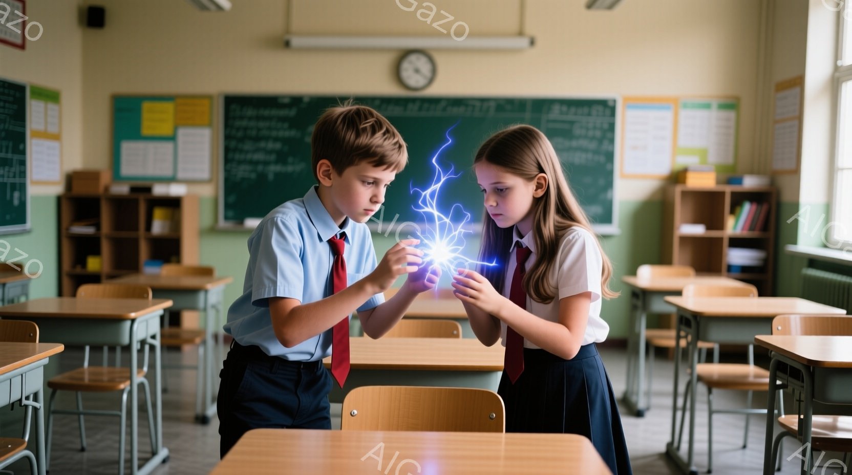 教室の中で、少年と少女が実験をしている様子が写っています。少年は青いシャツにネクタイ、少女は白いシャツに紺色のスカートを着ており、集中した表情で小さな電気を発生させているようです。教室には机や椅子が整 - AI生成フリー素材
