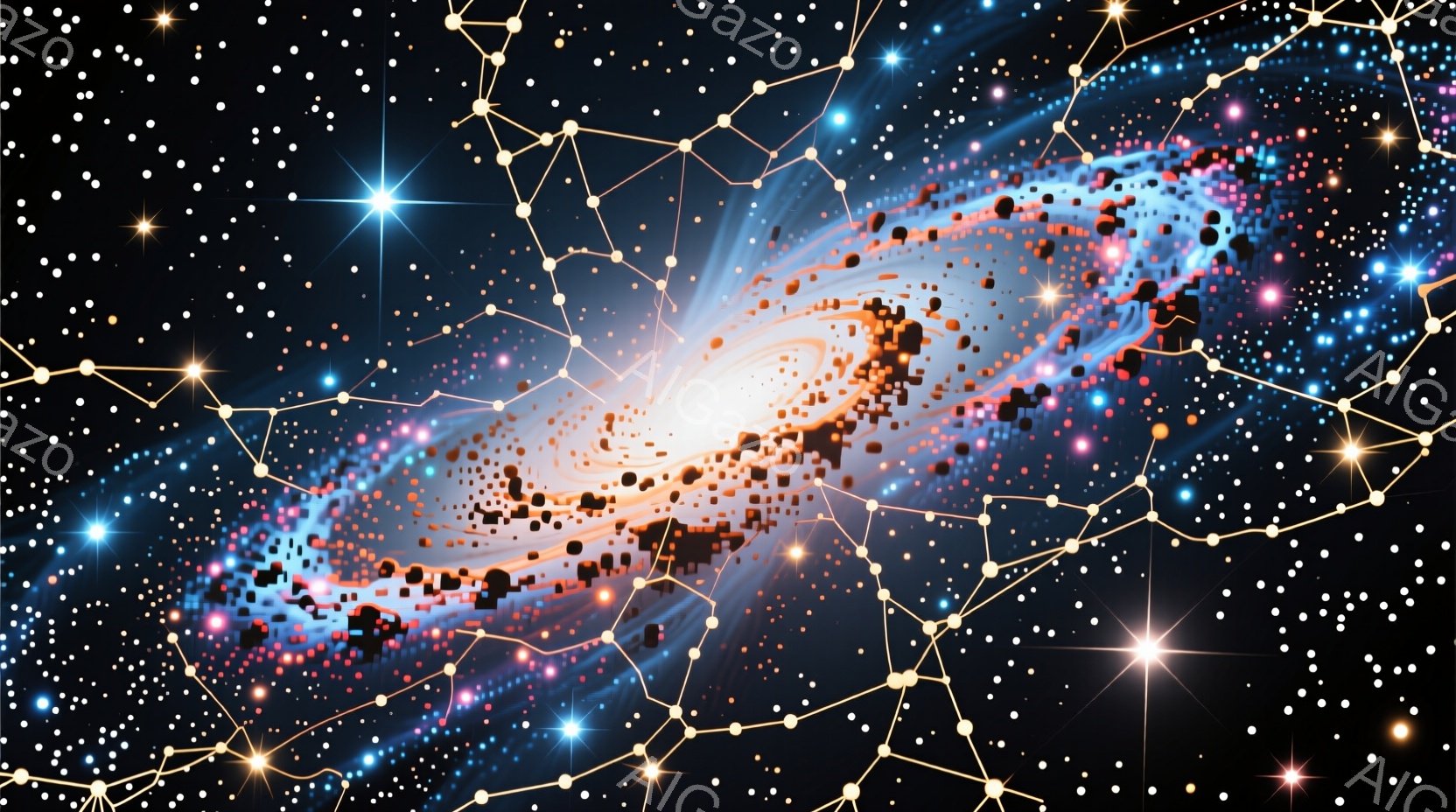 壮大な銀河が、青とオレンジ色の渦巻く光の中に広がっています。無数の星が点在し、背景には複雑なネットワーク状の線が描かれ、宇宙的な神秘性と繋がりを表現しています。全体的に幻想的で、壮大なスケールを感じさせるイメージです。