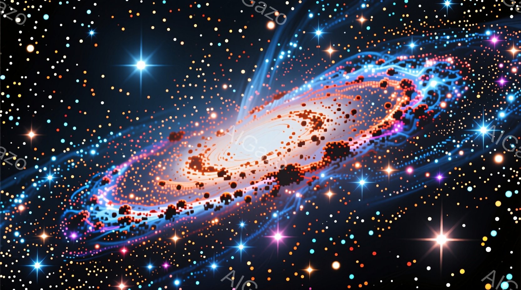 広大な宇宙空間を背景に、渦巻状の銀河が鮮やかな色彩で描かれています。銀河の中心部は明るい白色光に包まれ、そこからオレンジ、ピンク、青の色調が広がり、無数の星々が散りばめられています。全体的に幻想的で神秘的な雰囲気を醸し出しており、宇宙の壮大さを感じさせます。