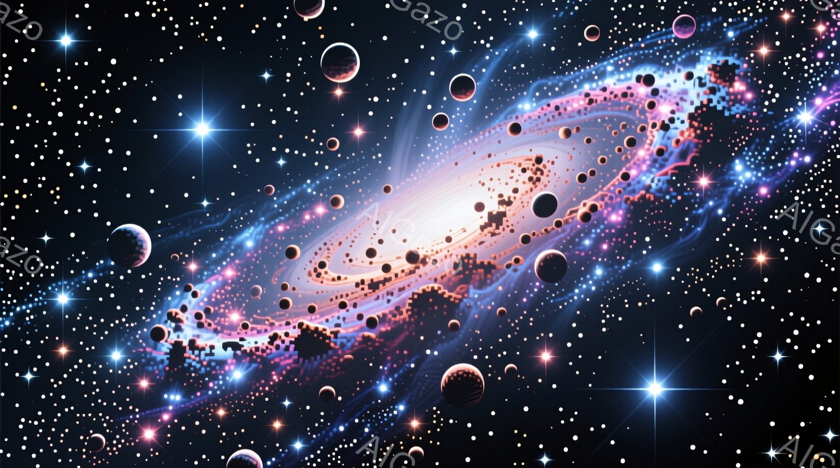 渦巻く銀河の壮大な光景を捉えており、中央には明るい白色光が輝き、その周囲は鮮やかな青とピンクの色合いで彩られています。星々が背景全体に散りばめられ、神秘的で幻想的な雰囲気を醸し出しており、暗い宇宙空間の中で壮大で美しいコントラストを生み出しています。銀河の構造は複雑で、まるで宇宙の芸術作品のようです。