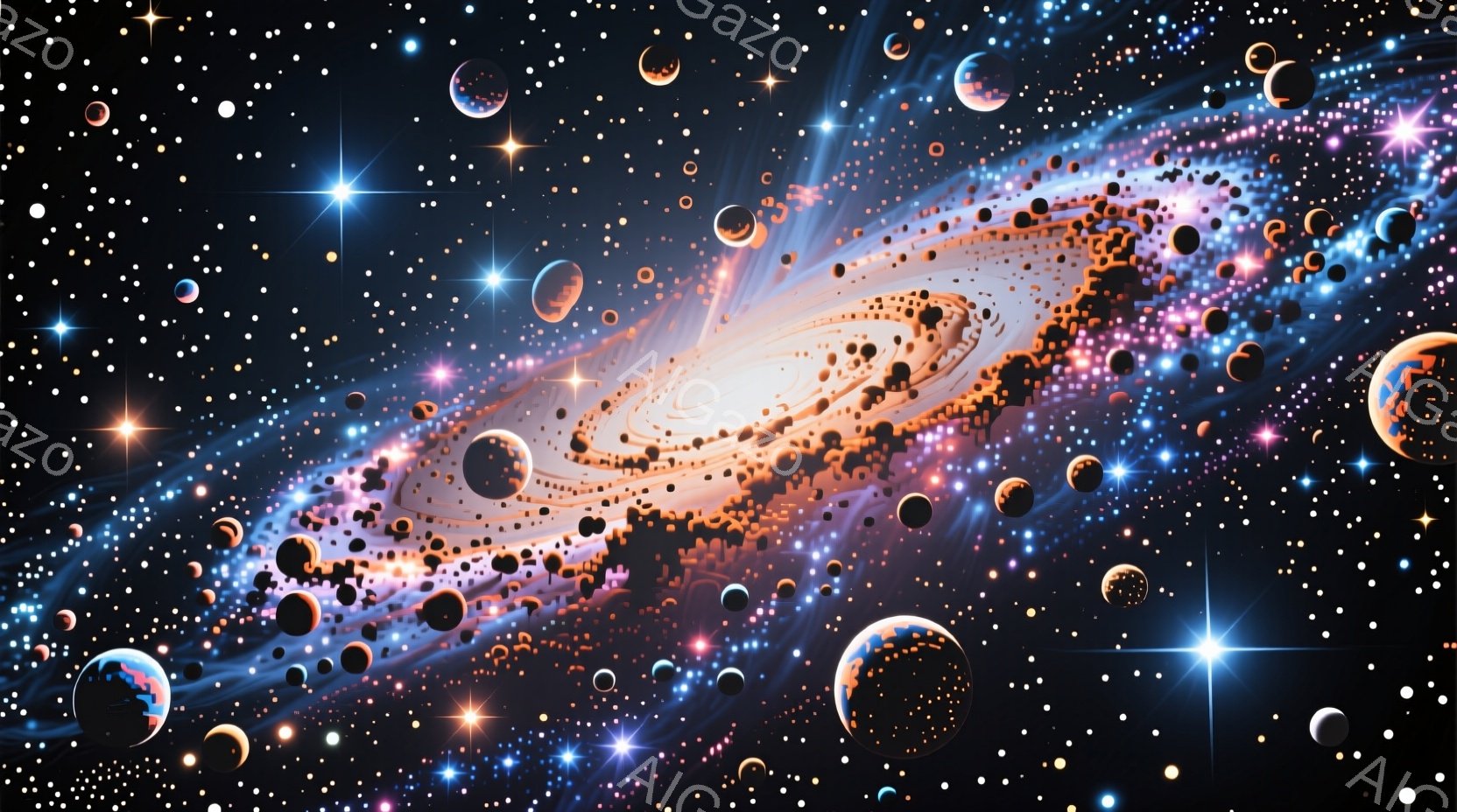 鮮やかな銀河の渦巻を描いたものです。オレンジ、ピンク、水色のグラデーションが美しく、無数の星が輝いています。惑星のような球体が散りばめられており、壮大で神秘的な宇宙空間を表現しています。